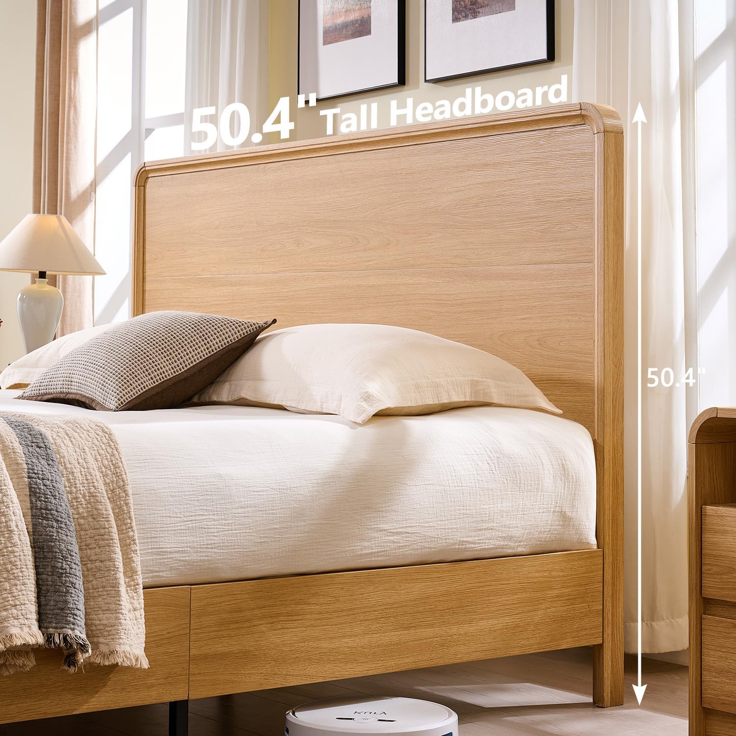 Aitjunz Modern King Size Bed Frame with 50' Tall Headboard, Wood King Size Platform Bed Frame w/3 Storage Drawers, Curved Profile Design, Wood & Steel Platform Bed, No Box Spring Needed, Natural Oak