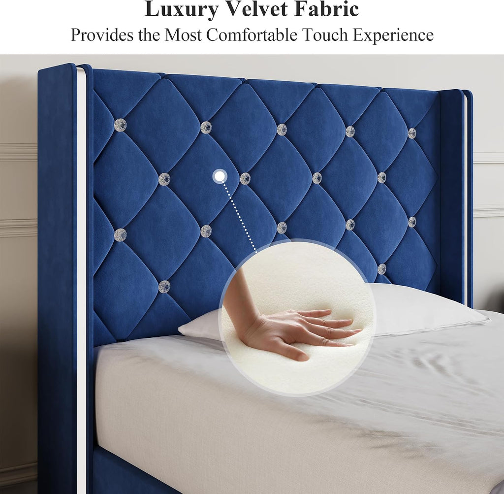 Lullabyre Twin Size Bed Frame, Upholstered Bed Frame with Diamond Tufted Headboard, Modern Silverside Wingback, No Box Spring Needed, Easy Assembly, Blue
