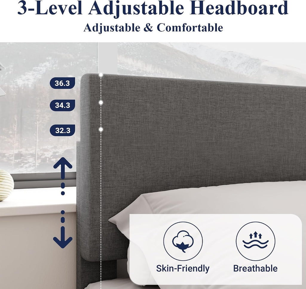 Allewie Queen Bed Frame with Adjustable Headboard, Upholstered Platform Bed with Wood Slats, Heavy Duty Mattress Foundation, No Box Spring Needed, Noise-Free, Easy Assembly, Dark Grey