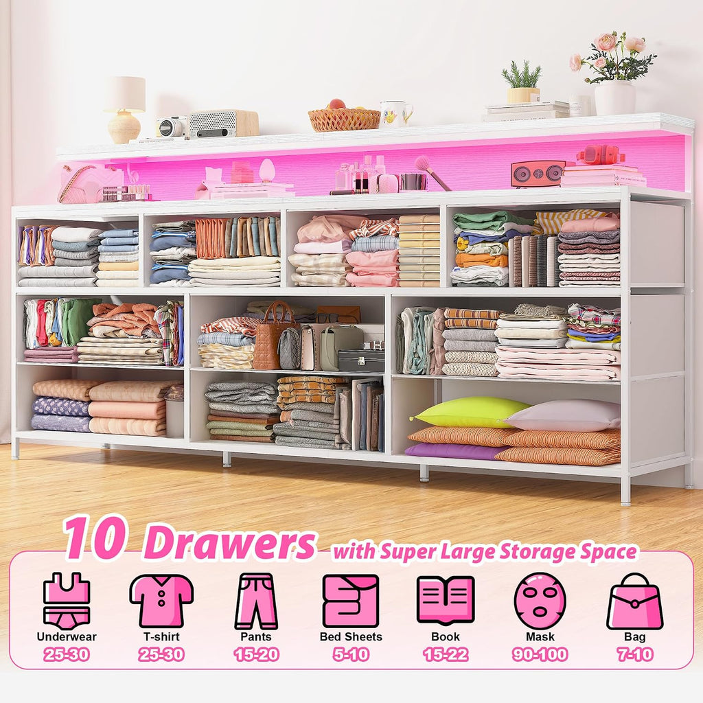 EnHomee 55' W White Dresser for Bedroom with 10 Fabric Drawers Long Dressers & Chests of Drawers with LED Lights & Power Outlets Large Dresser for Bedroom for Hallway, Metal Frame, White