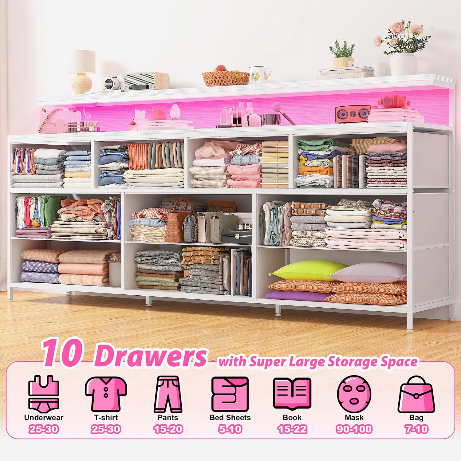 EnHomee 55' W White Dresser for Bedroom with 10 Fabric Drawers Long Dressers & Chests of Drawers with LED Lights & Power Outlets Large Dresser for Bedroom for Hallway, Metal Frame, White