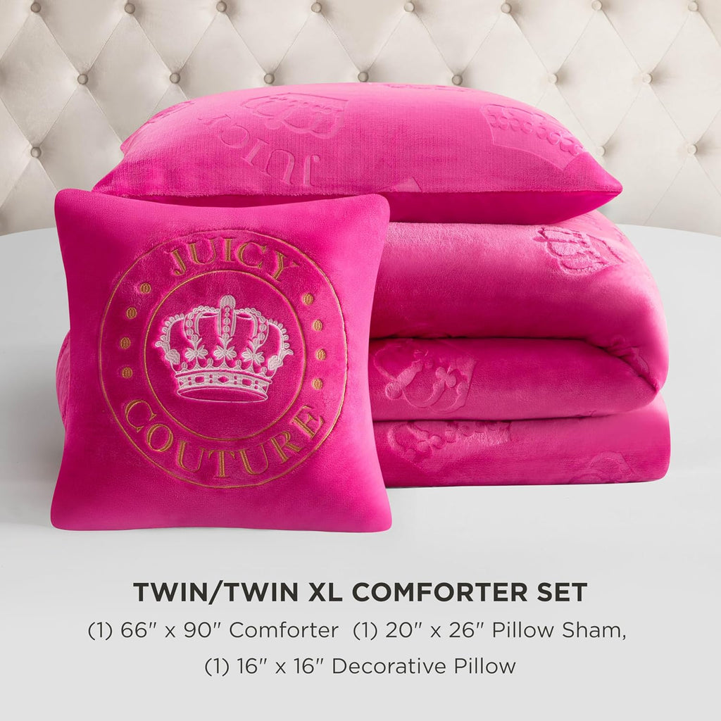 Juicy Couture Plush Reversible Embossed Crown 3-Piece Twin/Twin XL Comforter Set with Decorative Pillow, Hot Pink
