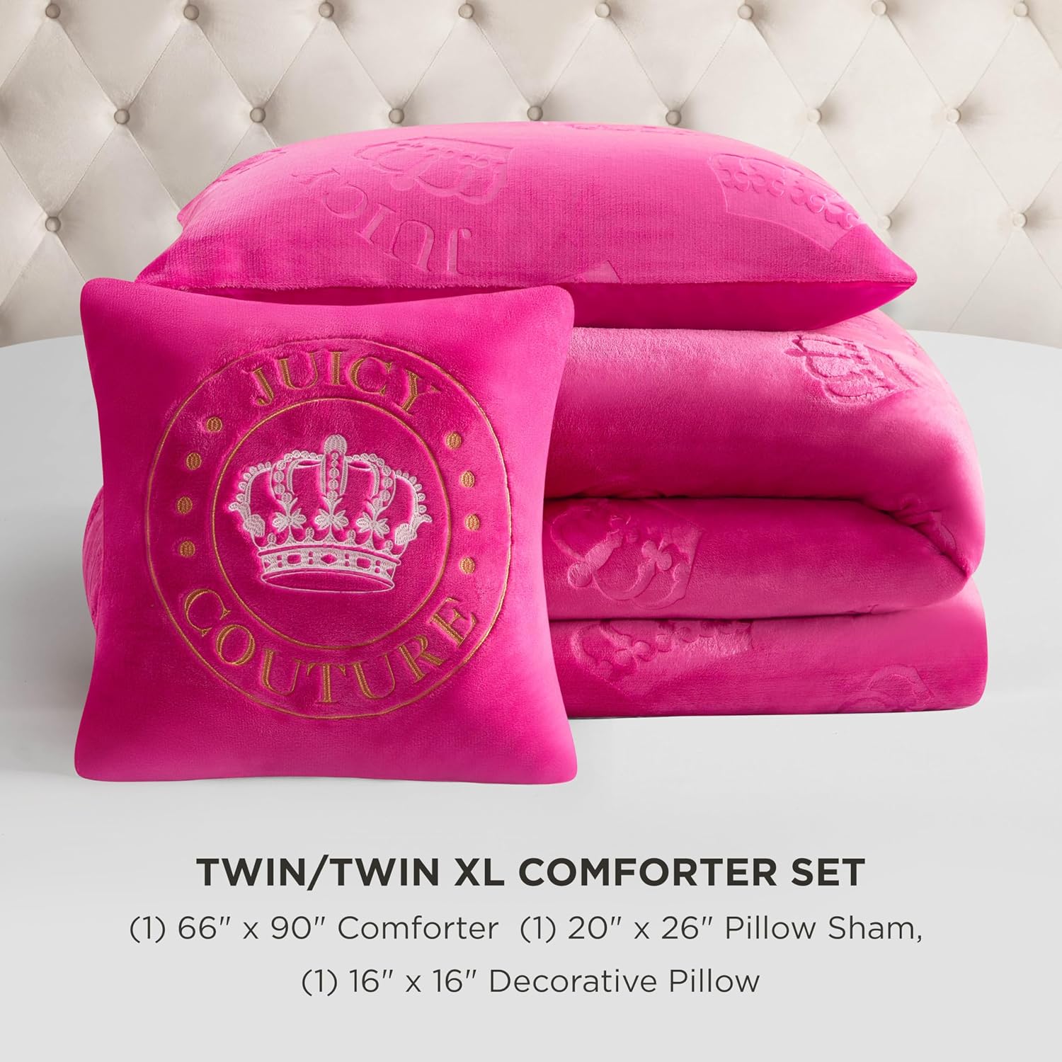 Juicy Couture Plush Reversible Embossed Crown 3-Piece Twin/Twin XL Comforter Set with Decorative Pillow, Hot Pink