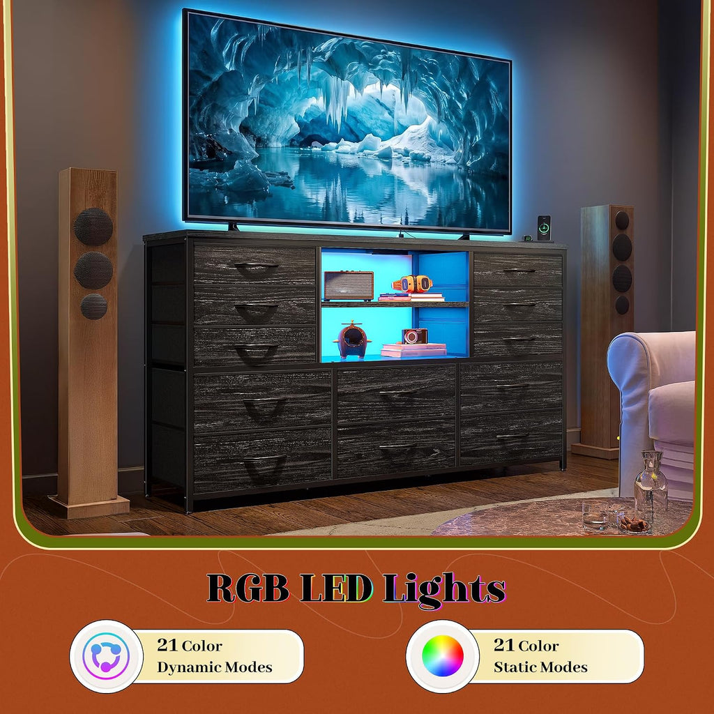 EnHomee 12 Drawers Dresser for Bedroom with LED Lights &Charging Station, TV Stand for 55/60'' TV, Fabric Dressers & Chests of Drawers with 3 Wooden Shelves for Hallway,Sturdy,Grain Black