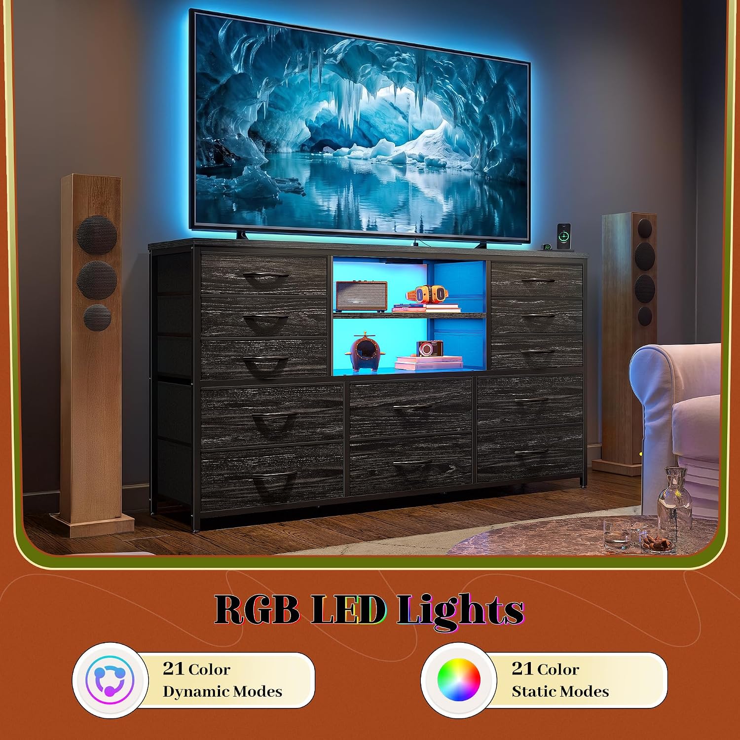 EnHomee 12 Drawers Dresser for Bedroom with LED Lights &Charging Station, TV Stand for 55/60'' TV, Fabric Dressers & Chests of Drawers with 3 Wooden Shelves for Hallway,Sturdy,Grain Black