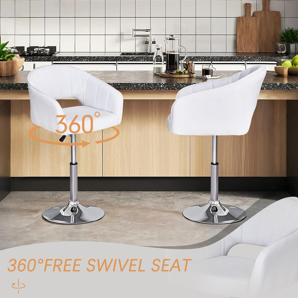 VECELO Velvet Accent Chair Set of 2, Adjustable Luxury Vanity & Dining Chair with Gold Barstool Base, 360°Swivel Upholstered Armchair for Living Room, Bedroom, Home Office, Pearl White