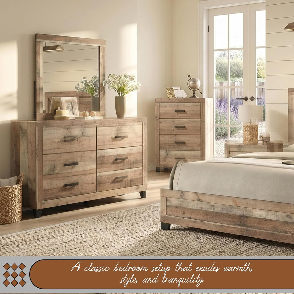 Kings Brand Furniture 6-Piece Antique Natural Queen Size Bedroom Set - Bed, Dresser, Mirror, Chest and 2 Nightstands