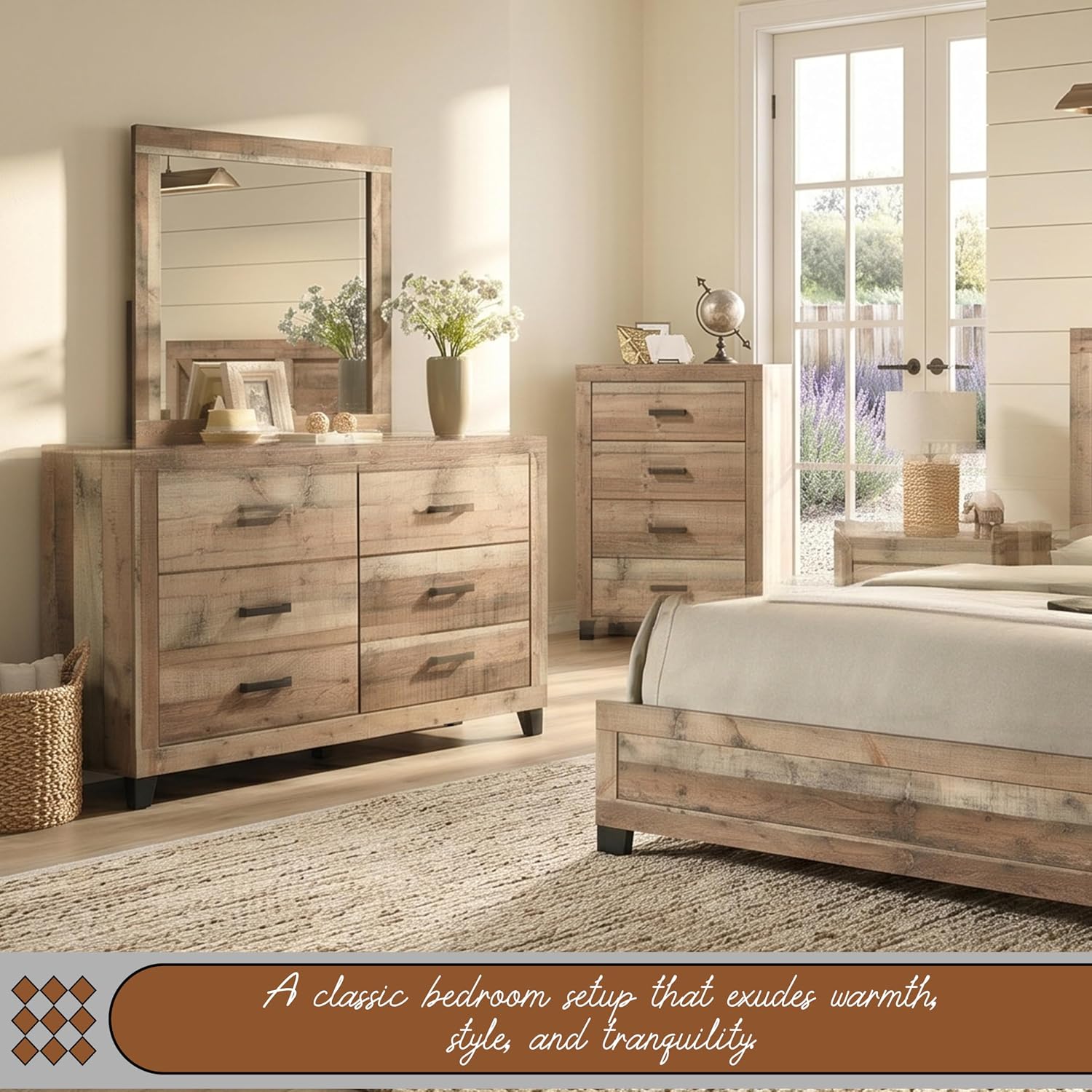 Kings Brand Furniture 6-Piece Antique Natural King Size Bedroom Set - Bed, Dresser, Mirror, Chest and 2 Nightstands
