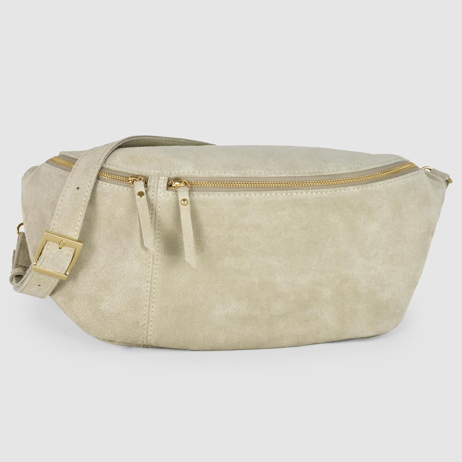 Italian Genuine Suede Crossbody Bag for Women with Zipper & Detachable Strap | Large Travel Chest Sling Fanny Pack (Beige)