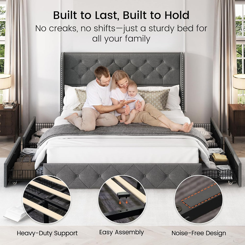 LARMACE Queen Size Platform Bed Frame with 4 Storage Drawers and 47.2' Tall Tufted Headboard Linen Upholstered Bed Wingback Bed Frame with Wooden Slats Support, Easy Assembly, Light Grey