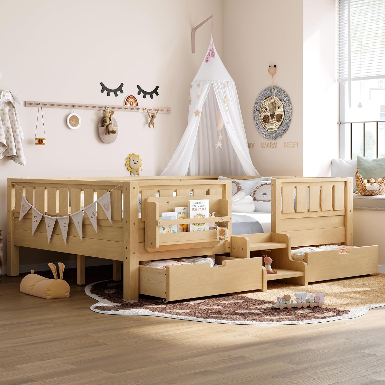 Bellemave Full Floor Bed with Stairs, Rails and Slats, Full Size Montessori Floor Bed with Bookshelf and 2 Storage Drawers, Easy Assemble Montessori Beds Frame for Girls, Boys, Light Natural