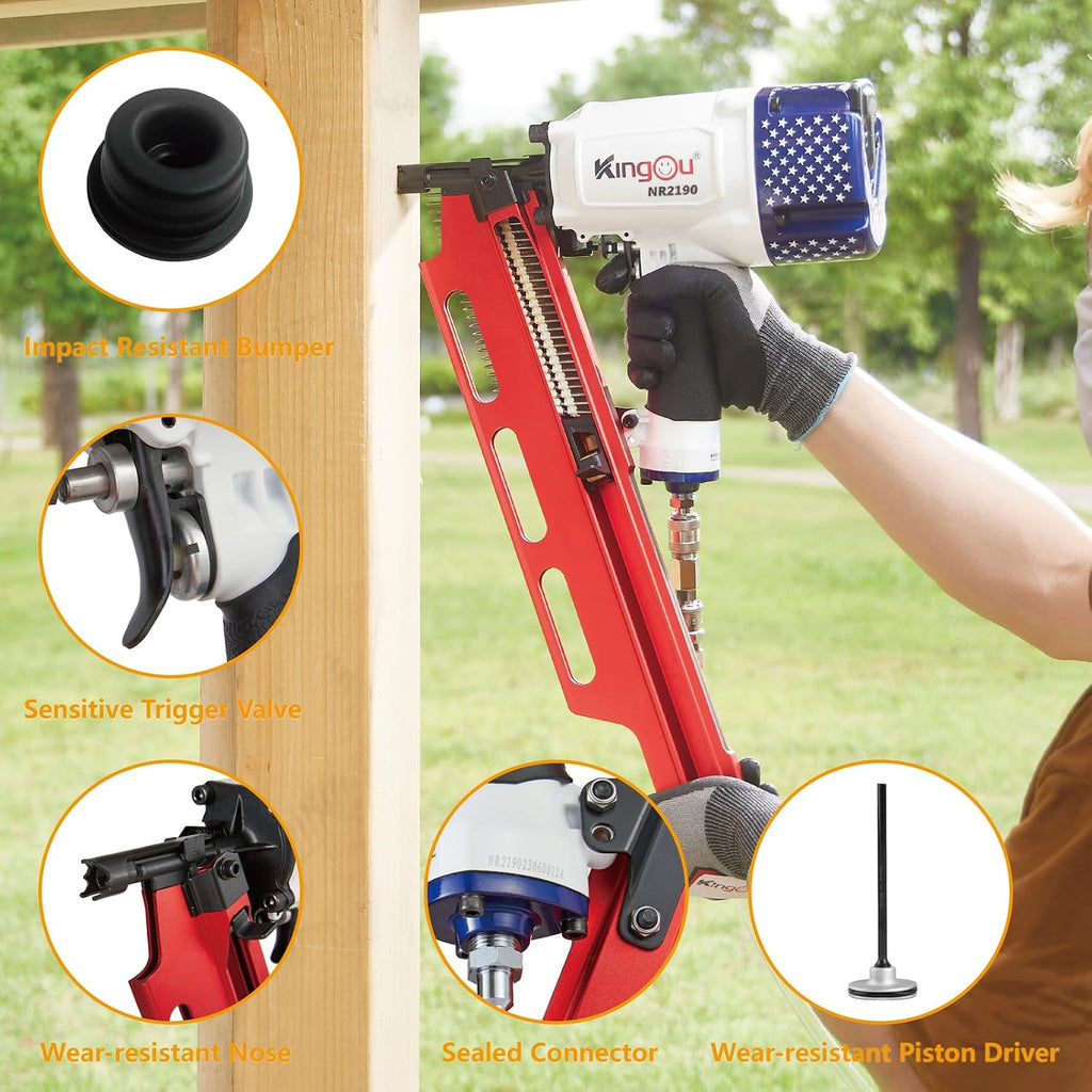 KingOu American Style NR2190 21 Degree Plastic Strip Framing Nailer Gun Aluminum Magazine
