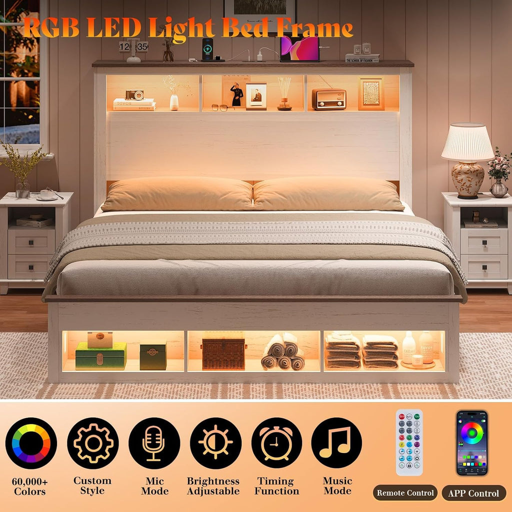 AMERLIFE Farmhouse Bedroom Furniture Set, Includes 2 Nightstands with Charging Station and 1 King Size Bed Frame with Bookcase Headboard, LED Light, Storage & USB-C Charging, Antique White