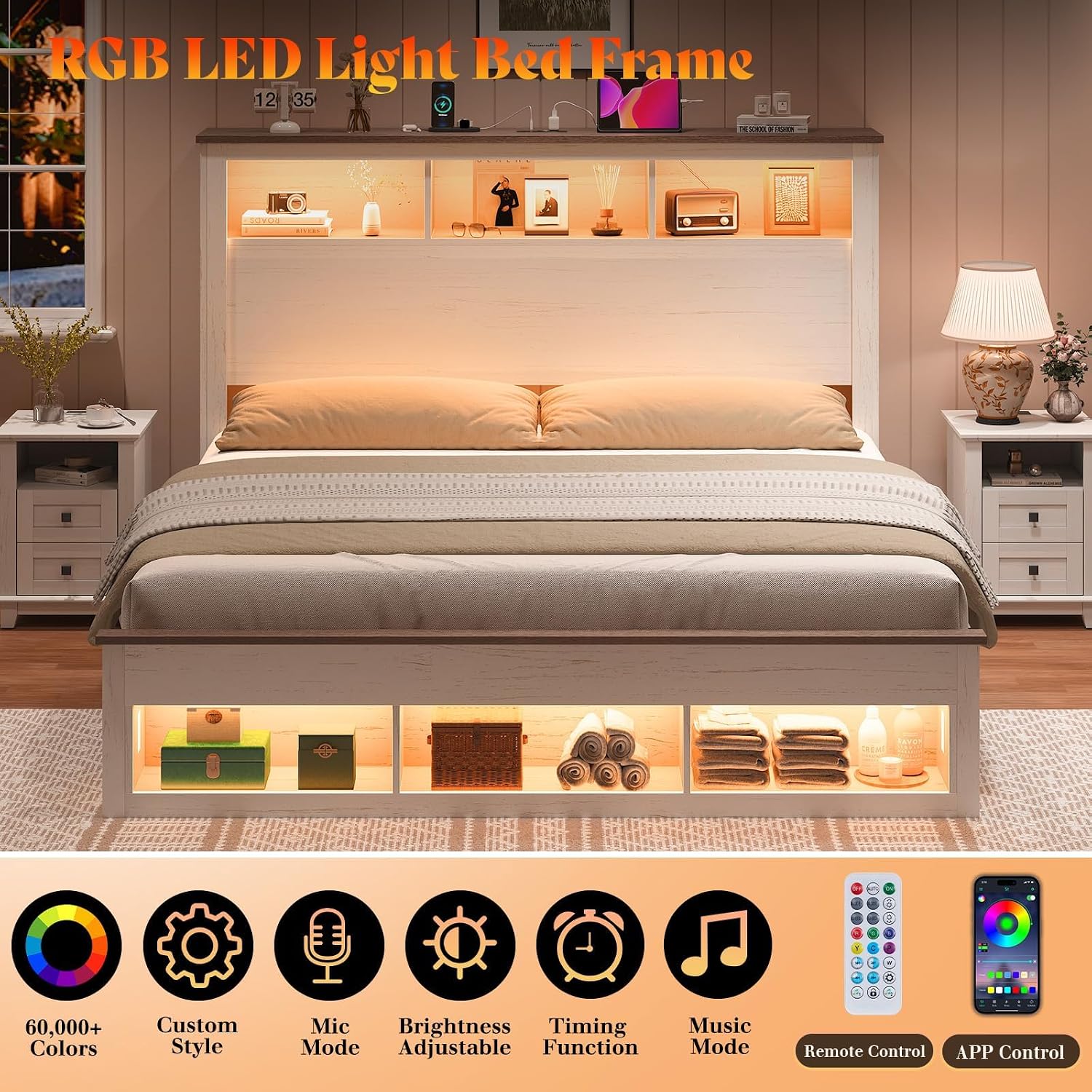 AMERLIFE Farmhouse Bedroom Furniture Set, Includes 2 Nightstands with Charging Station and 1 King Size Bed Frame with Bookcase Headboard, LED Light, Storage & USB-C Charging, Antique White