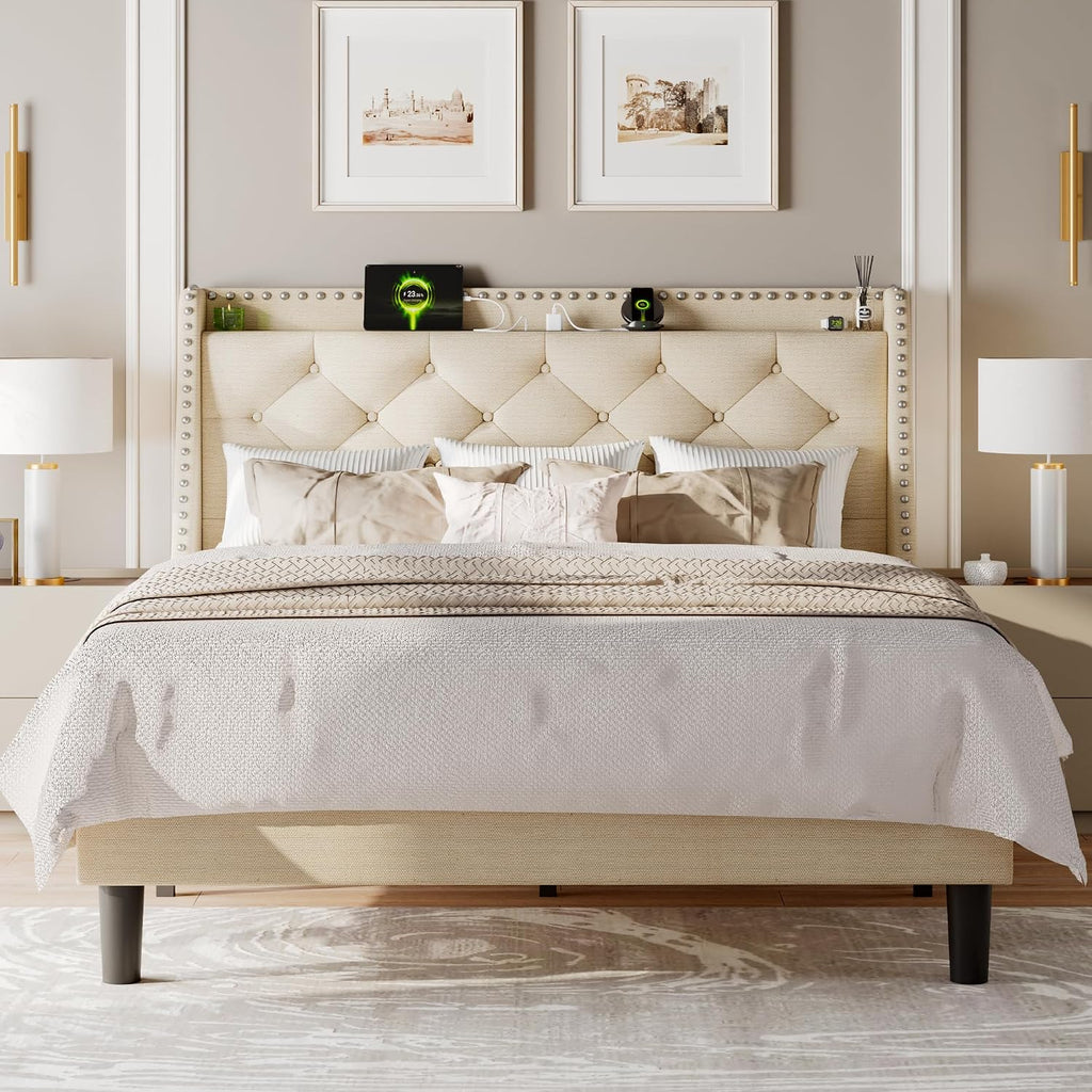 Feonase Full Size Bed Frame with Luxury Wingback and Fast Charging Station,Full Upholstered Button Tufted Storage Headboard Platform Bed, Sturdy Wooden Slats Support, Noise-Free, Easy Assembly, Beige