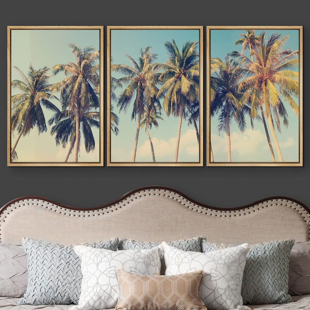 wall26 Framed Canvas Print Wall Art Set Row of California Palm Trees & Blue Sky Nature Wilderness Photography Realism Chic Scenic Relax/Calm for Living Room, Bedroom, Office - 16'x24'x3 Natural
