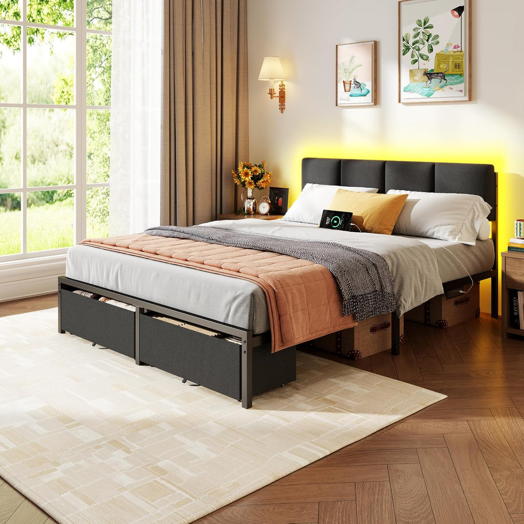 Furnulem Queen Bed Frame with Charging Station and LED Lights, Upholstered Headboard, Metal Platform Bed with 2 Fabric Storage Drawers, Noise Free, No Box Spring Needed, Gery