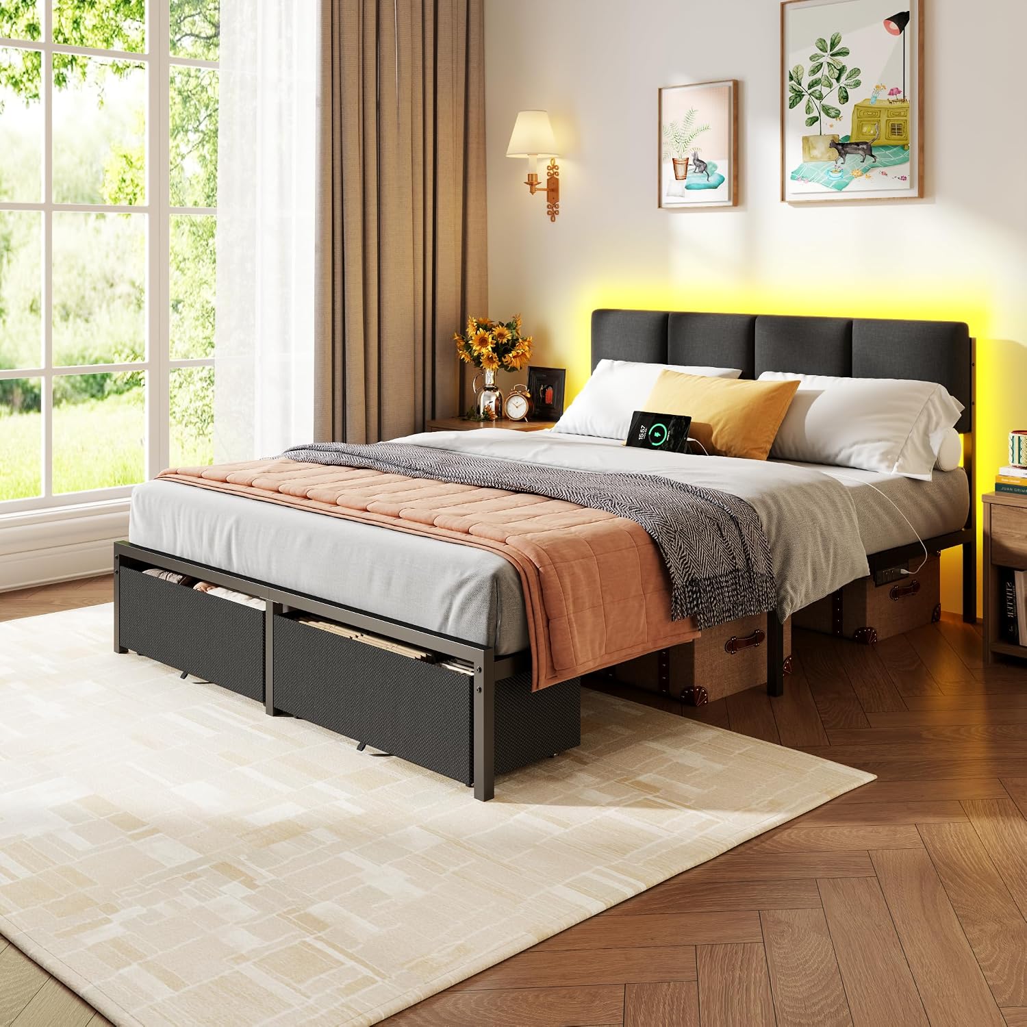 Furnulem Queen Bed Frame with Charging Station and LED Lights, Upholstered Headboard, Metal Platform Bed with 2 Fabric Storage Drawers, Noise Free, No Box Spring Needed, Gery