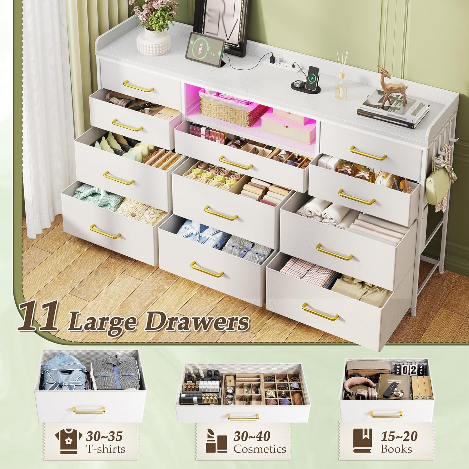 White Dresser for Bedroom with LED Lights & Charging Station & 4 Hooks 11 Drawer Dressers & Chests of Drawers Long Fabric Dresser TV Stand for 50 55 60 inch TV for Entryway 11.8'D x 47.2'W x 31.5'H