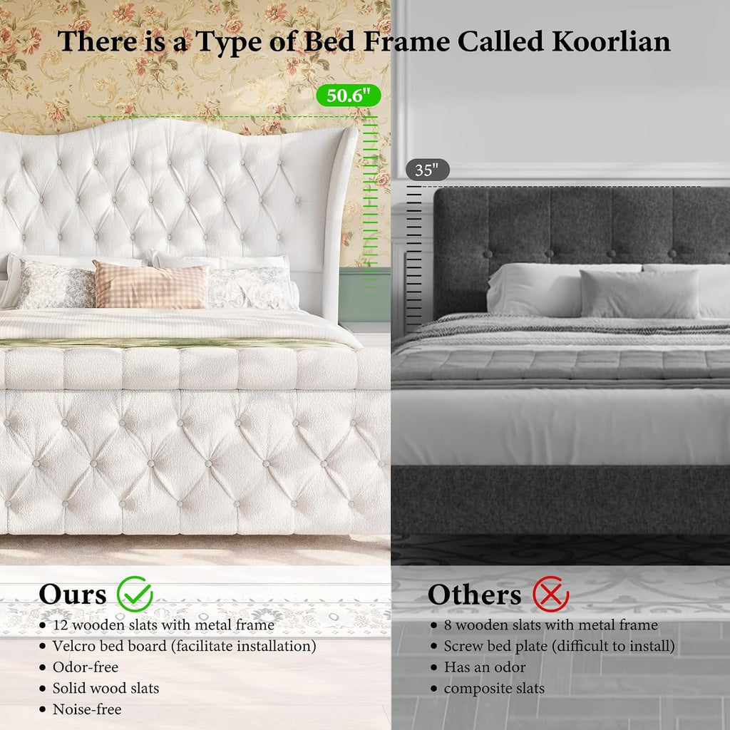 koorlian Queen Size Bed Frame,Chenille Upholstered Sleigh Bed with Scroll Wingback Headboard & Footboard,Luxury & Soft Button Tufted Queen Modern Bed,Easy Assembly,No Box Spring Needed