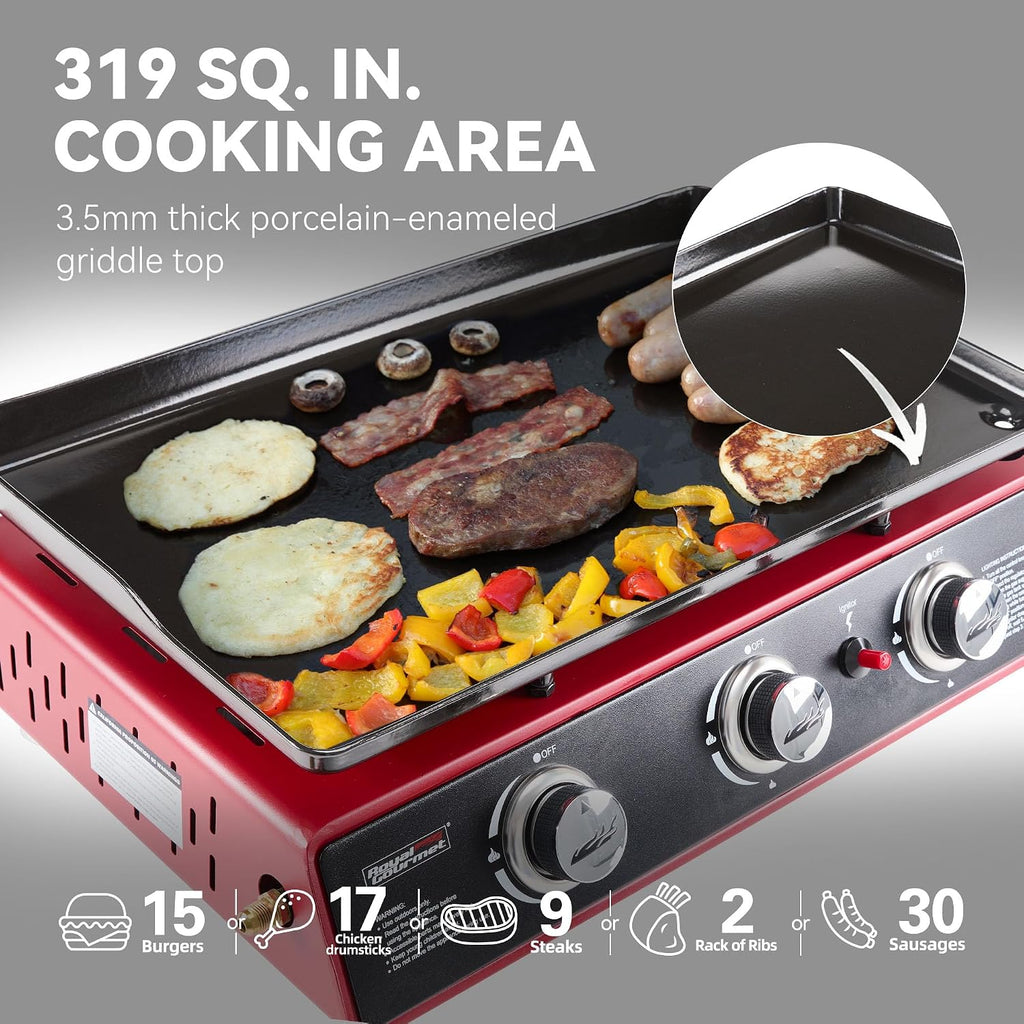 Royal Gourmet PD1301R 3 Burner Tabletop Propane Gas Griddle with Cover, 24 Inch Portable Griddle with 25,500 BTUs Output for Outdoor Cooking While Camping or Tailgating, Red