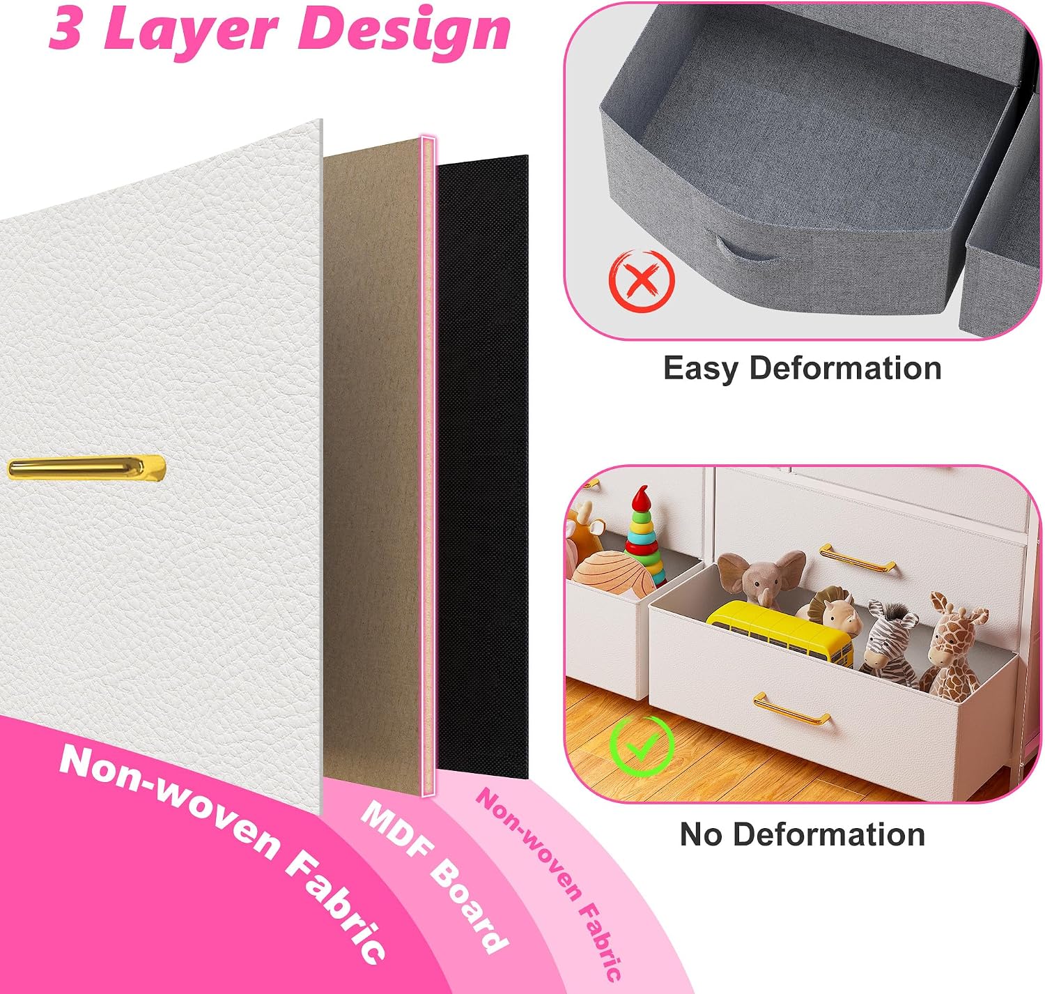 EnHomee 55' W White Dresser for Bedroom with 10 Fabric Drawers Long Dressers & Chests of Drawers with LED Lights & Power Outlets Large Dresser for Bedroom for Hallway, Metal Frame, White