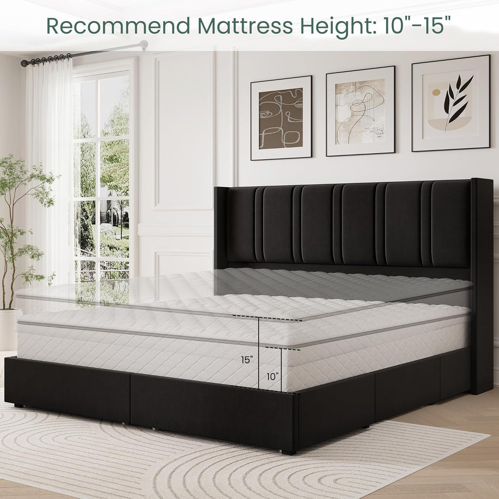 LARMACE Queen Size Bed Frame with 4 Storage Drawers and Wingback Headboard Velvet Upholstered Platform Bed Frame with Wooden Slats, Easy Assembly, Black