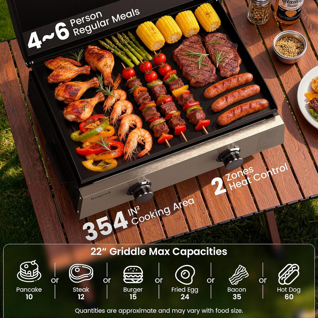Flat Top Gill, Outdoor Griddle 22' Tabletop Gas Griddle with Hood for Outdoor Camping Tailgating (24000 BTU, 2 Burner, Carbon Steel Plate)