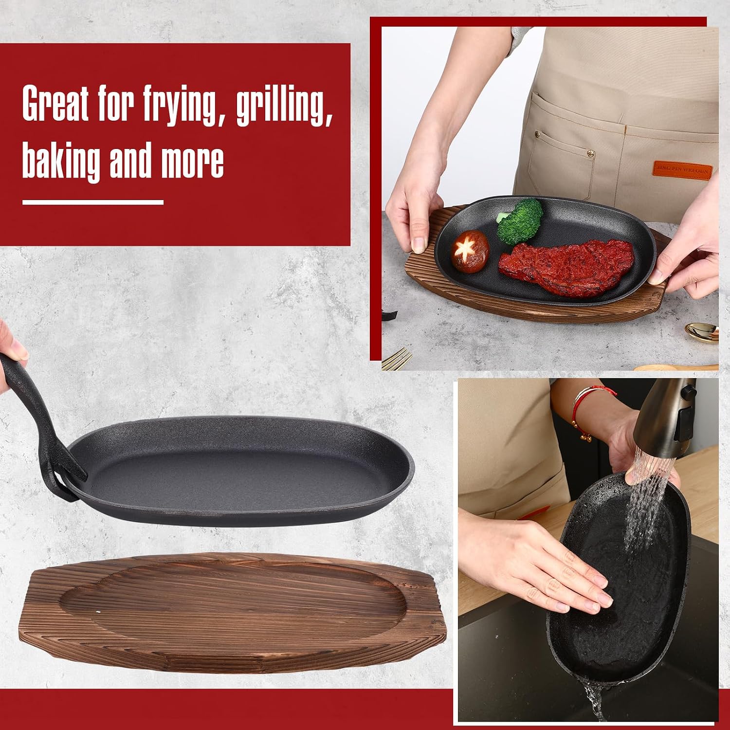 Mifoci 12 Pcs Oval Cast Iron Fajita Skillet Pan Set Small Sizzling Steak Plate with Wooden Base and Handle Cast Iron Fajita Skillet Sizzling Plate for Home Resturant (9.5 in x 5.5 in, Natural Wood)