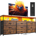 EnHomee 55' W Dresser for Bedroom with Charging Station & LED, 65/55 Inch TV Stand with 9 Fabric Drawers, Sturdy Dressers & Chest of Drawers with 2 Wood Storage Open Shelves,Entryway, Rustic Brown