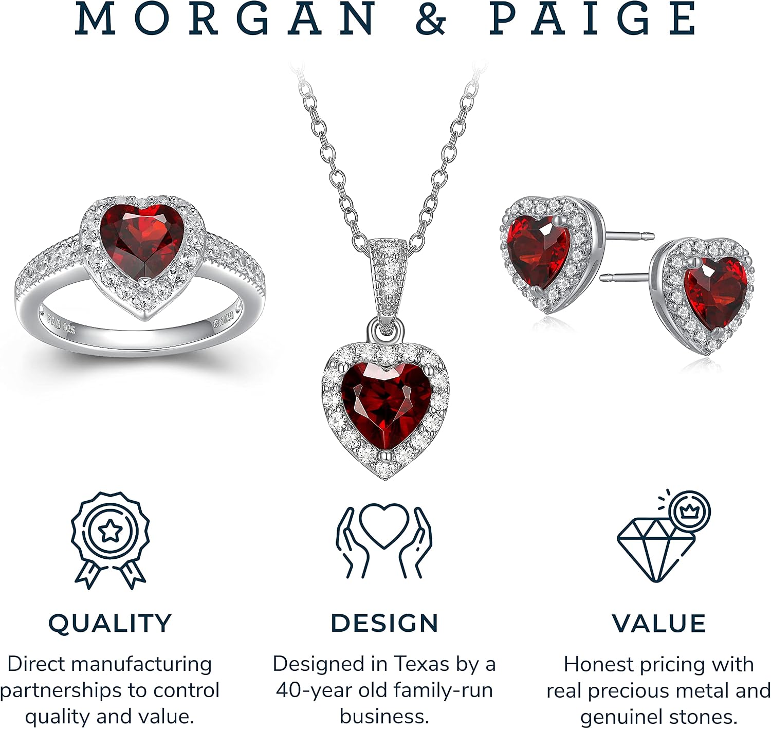 MORGAN & PAIGE .925 Sterling Silver Gemstones and White Sapphire Halo Heart Pendant Necklace, Ring and Stud Earrings for Women Set - Birthstone Jewelry Sets for Women, 18in Cable Chain, Size 7 Ring