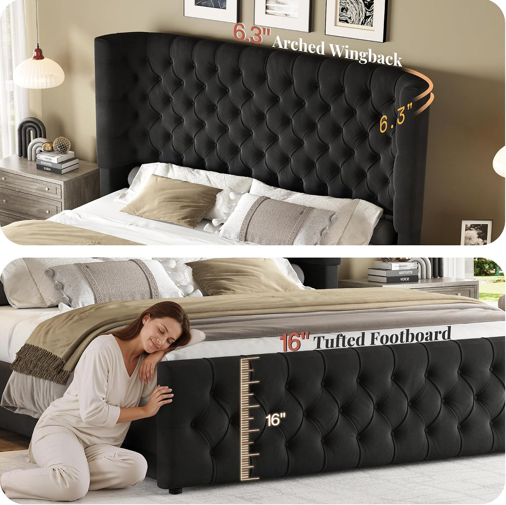 Jocisland King Size Platform Bed Frame, 6.3' Thick Upholstered Curved Wingback Headboard and Footboard with Deep Button Tufted, Easy Assembly, No Box Spring Needed, Black Velvet