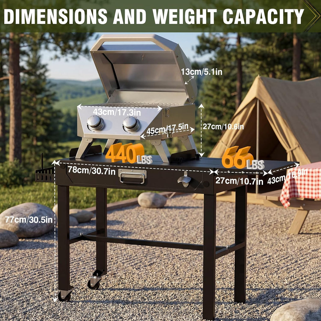 BESTFIRE 2-Burner Tabletop Propane Grill with Foldable Grill Cart, Portable Gas BBQ Station with Wheels & Prep Table, Dual-Fuel Setup for 1lb & 20lb Tanks, Stainless Steel Outdoor Kitchen for Camping