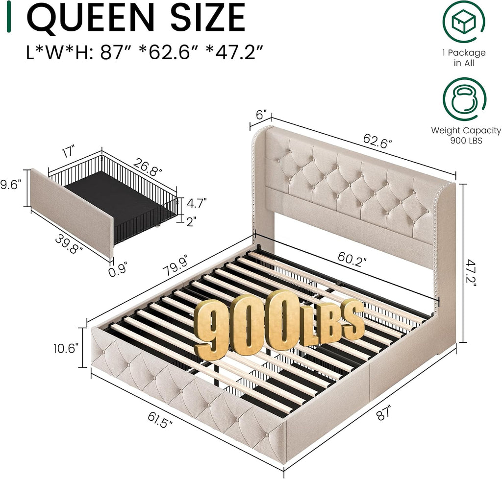 LARMACE Queen Size Bed Frame with 4 Storage Drawers and 47.2' Tall Tufted Headboard Linen Upholstered Platform Bed Frame Wingback Beds with Wooden Slats Support, Easy Assembly, Beige