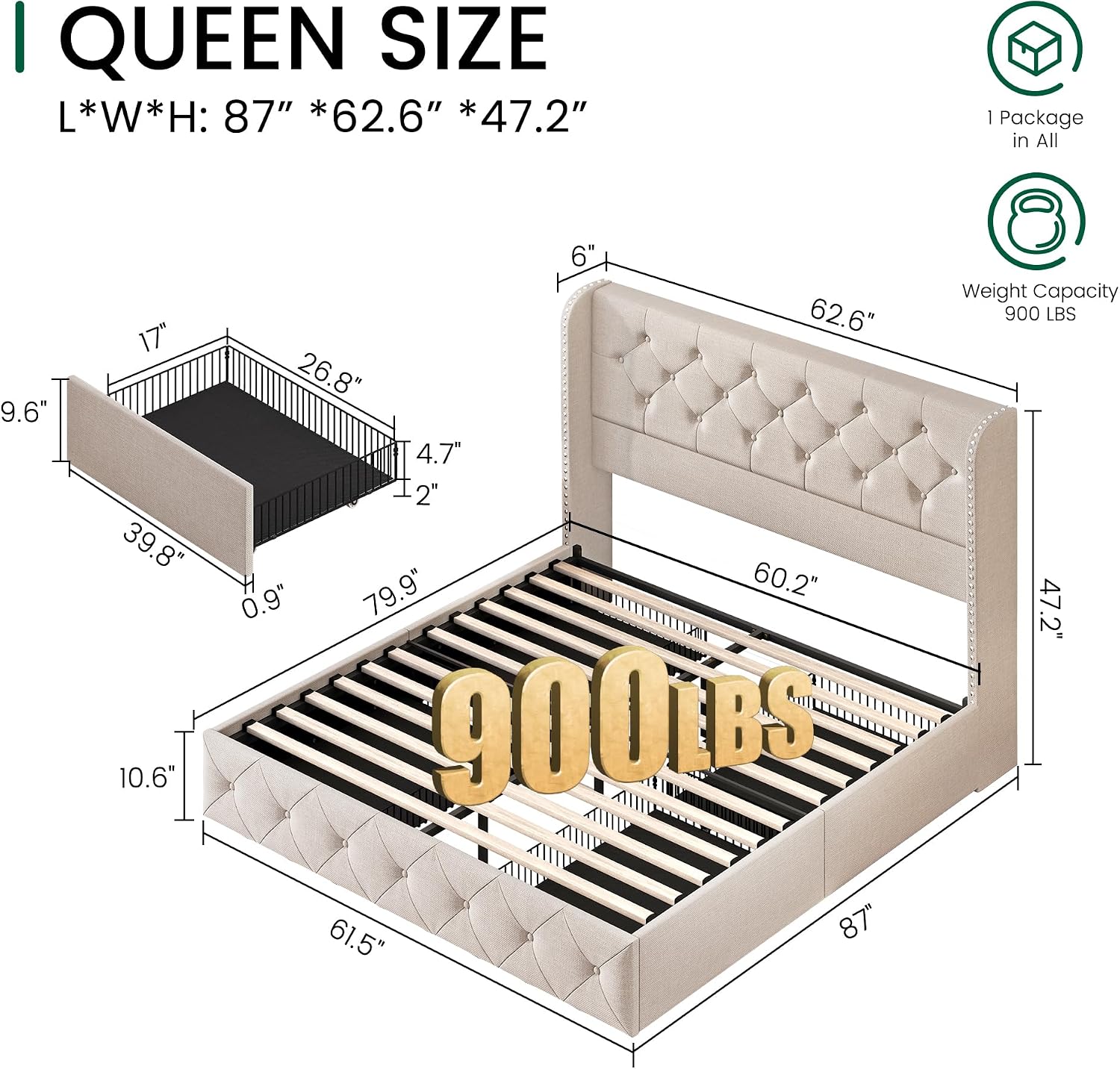 LARMACE Queen Size Bed Frame with 4 Storage Drawers and 47.2' Tall Tufted Headboard Linen Upholstered Platform Bed Frame Wingback Beds with Wooden Slats Support, Easy Assembly, Beige