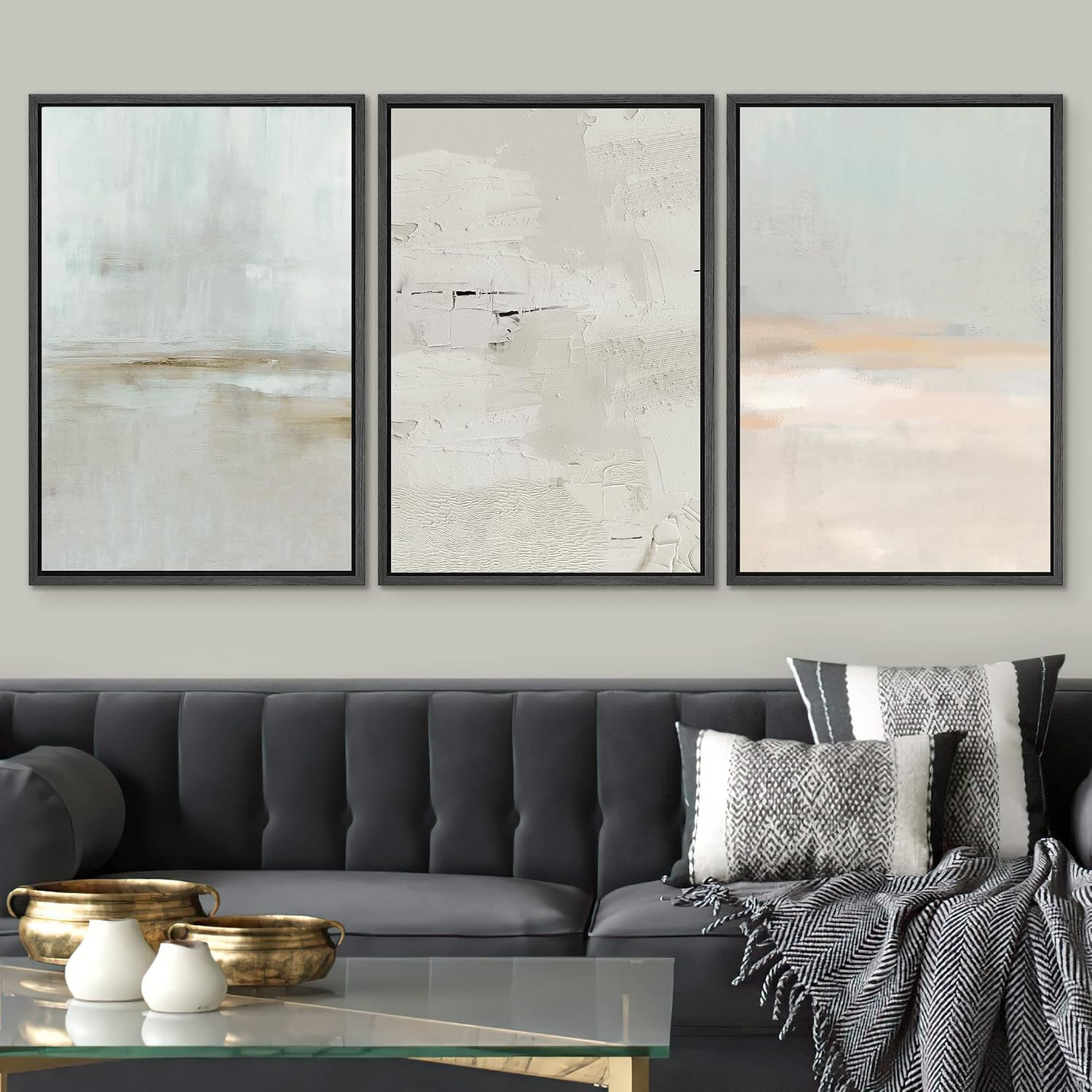 SIGNWIN Framed Canvas Print Wall Art Set Pastel Grunge Watercolor Landscape Shapes Abstract Illustrations Modern Art Decorative Nordic Chic Calm for Living Room, Bedroom, Office - 16'x24'x3 Black