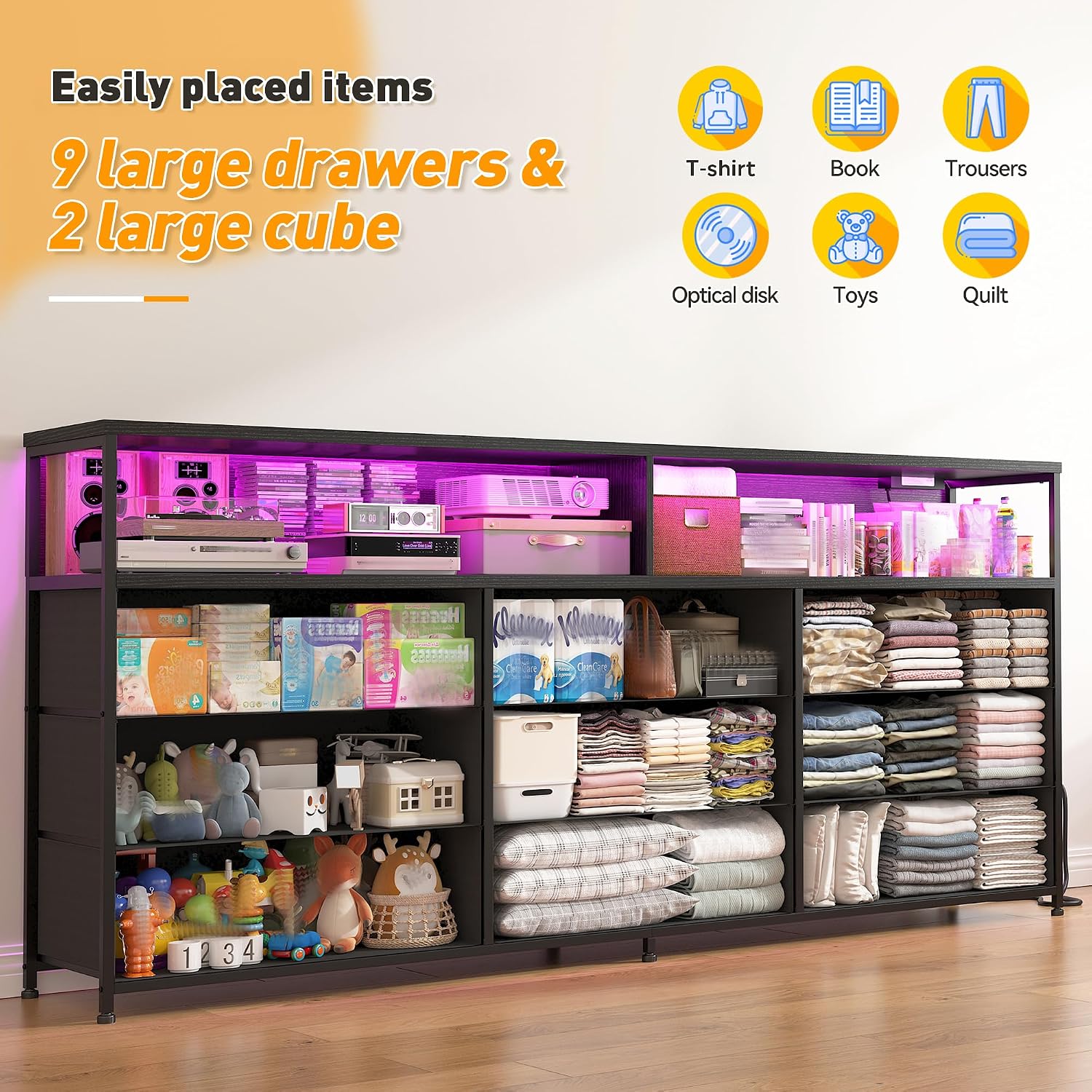 55'W Dresser for Bedroom with Charging Station & LED Light, 65/55/50 Inch TV Stand with 9 Fabric Drawers, Sturdy Dressers & Chest of Drawers with 2 Wood Open Shelves,Metal Frame,Black Oak Wood Look