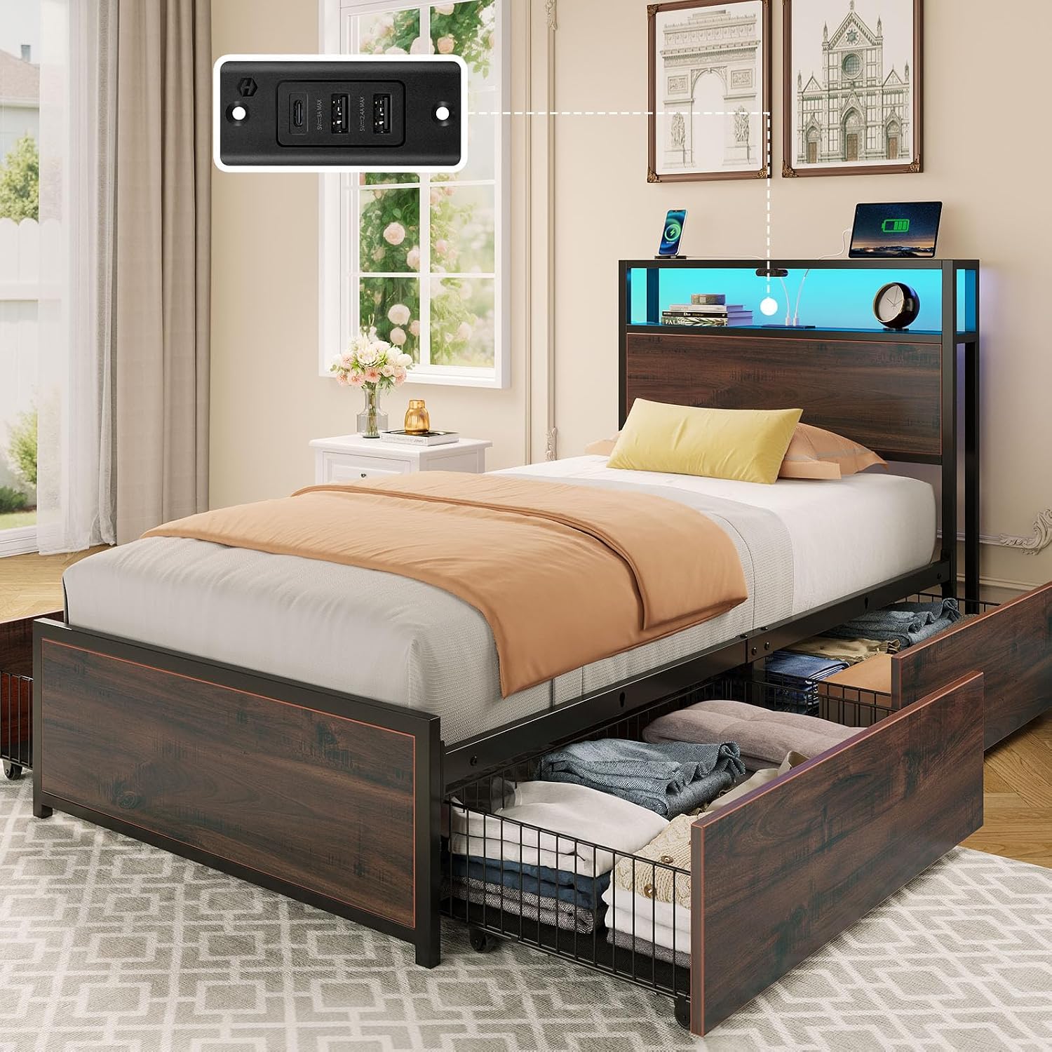 Rolanstar Twin Bed Frame with 4 Storage Drawers & 2-Tier Storage Headboard, Metal Platform Bed Frame with Charging Station & LED Lights, Noise-Free, No Box Spring Needed, Easy Assembly, Espresso