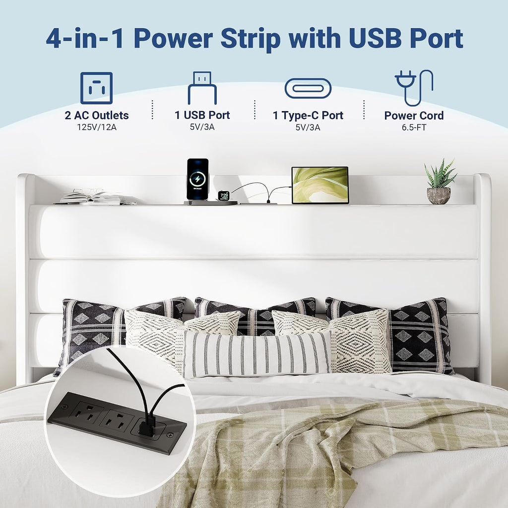 Allewie King Size Upholstered Bed Frame with Charging Station & Storage Headboard, Soft Velvet Wingback Platform Bed, Strong Wooden Slats Support, No Box Spring Needed, Easy Assembly, White