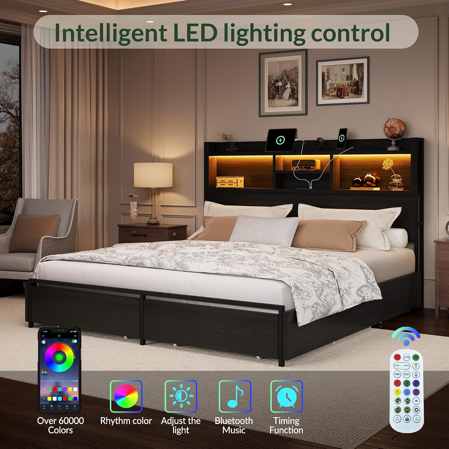 LARMACE Queen Size Bed Frame with 6 Storage Drawers and Headboard Wooden Platform Bed Frame with LED Lights and Charging Station Easy Assembly/No Box Spring Needed/Black