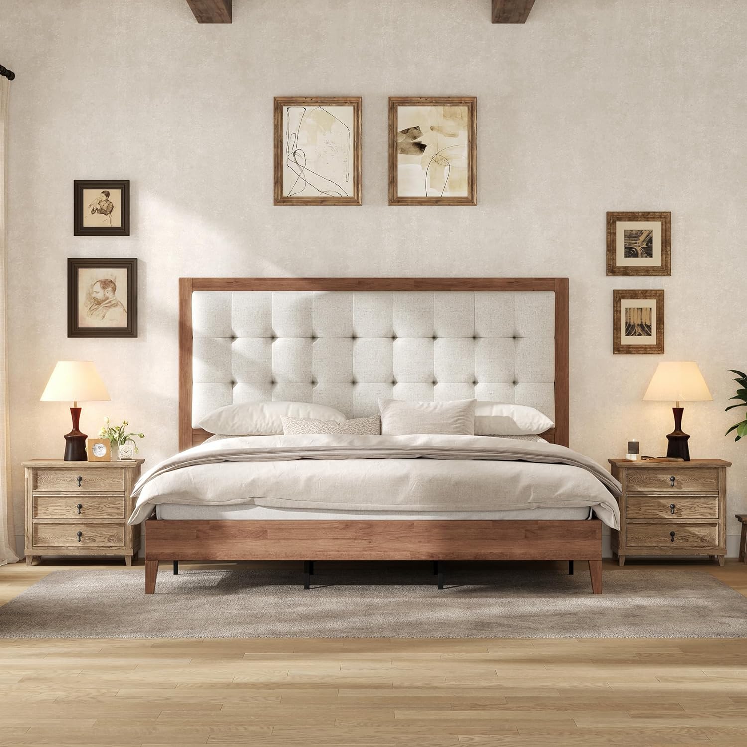AMERLIFE Queen Bed Frame with Headboard, Solid Wooden Bed Frame Queen Size Platform Bed Mid-Century Style, No Box Spring Required, Walnut