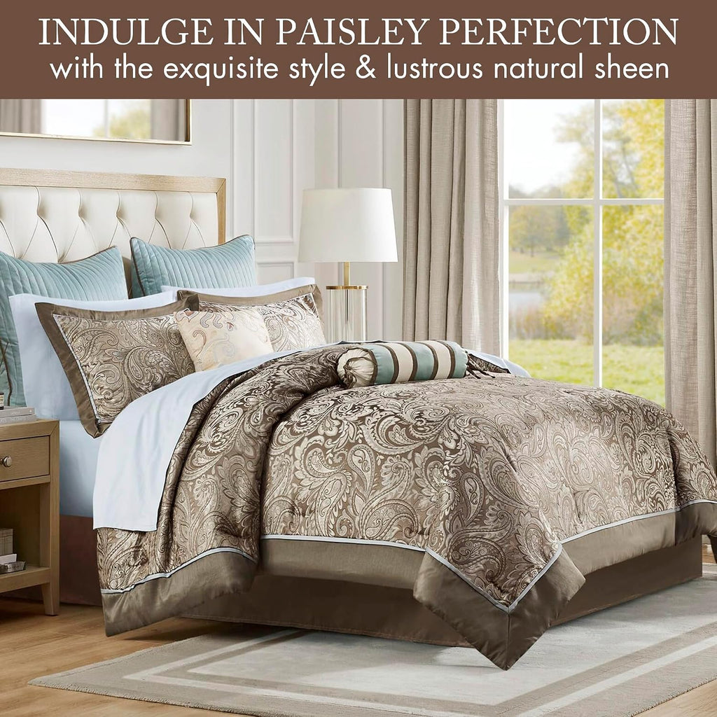Madison Park Aubrey Cozy Comforter Set, Faux Silk Jacquard Paisley Design - All Season Down Alternative Bedding with Cotton Bed Sheets, Bed Skirt & Toss Pillows, Full Blue 12 Piece