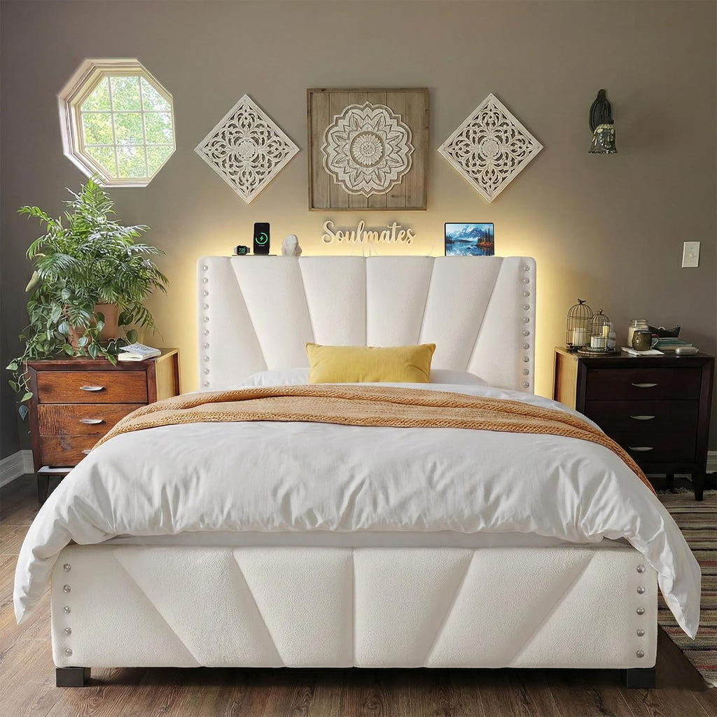 EnHomee Full Size Bed Frame with Velvet Upholstered Adjustable Headboard, LED Lights, and Charging Station for Bedroom, Apartment, and Dorm, No Box Spring Needed, Noise-Free, Easy Assembly, Beige