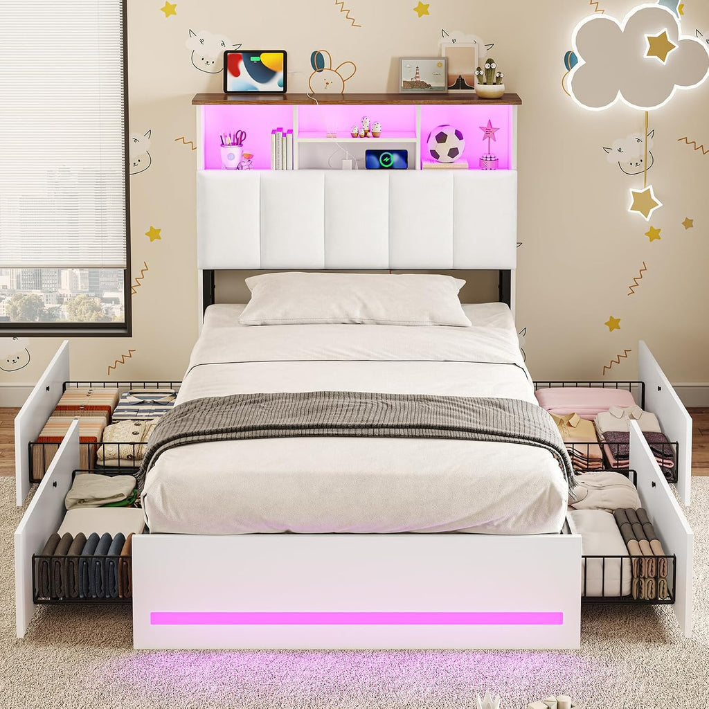 VIAGDO Twin Bed Frames with Bookcase Headboard, Wooden Bed Frame Twin Size with Charging Station, 4 Storage Drawers and LED Lights, LED Bed Frame with Type-C and USB, No Box Spring Needed, White