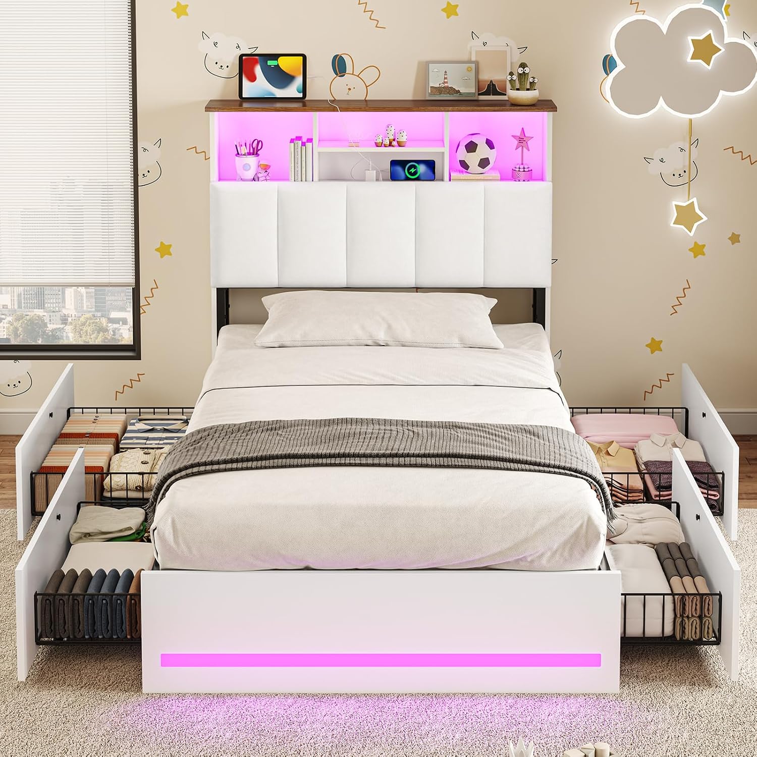 VIAGDO Twin Bed Frames with Bookcase Headboard, Wooden Bed Frame Twin Size with Charging Station, 4 Storage Drawers and LED Lights, LED Bed Frame with Type-C and USB, No Box Spring Needed, White