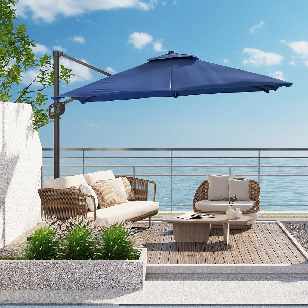 10 FT Offset Patio Umbrella with Solar Lights and Cross Base, Cantilever Umbrella with Easy Tilt Adjustment, Polyester Shade for Garden, Deck, Pool, Backyard