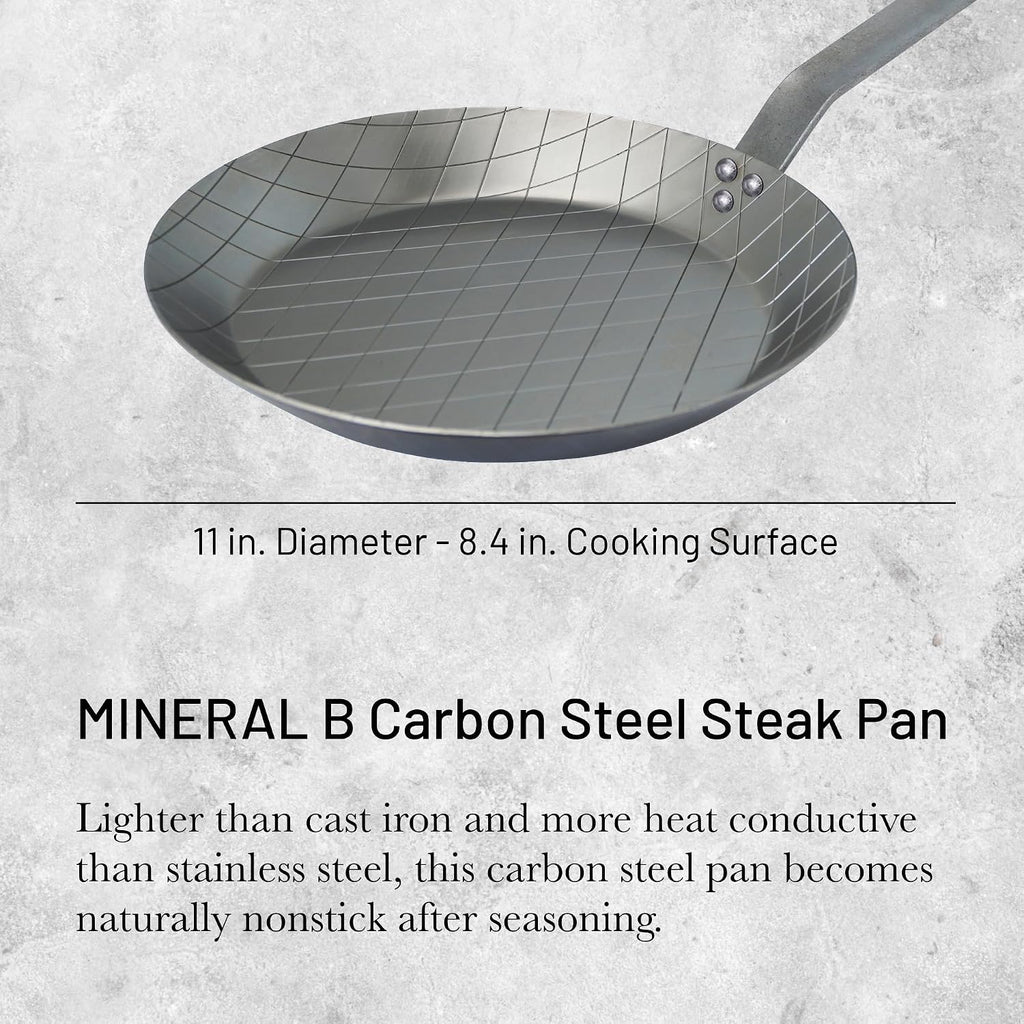 de Buyer MINERAL B Carbon Steel Steak Pan - 11' Diameter, 8.4' Cooking Surface - Ideal for Searing & Browning Meat - Naturally Non-Stick Finish - Made in France