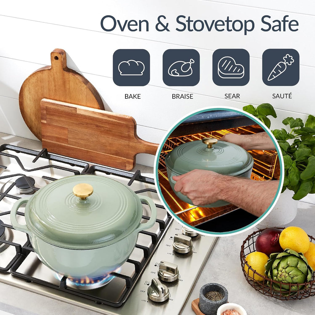 Best Choice Products Non-Stick Pot & Pan Cookware Set, Cast Iron, 2Qt Skillet W/Lid, 10' Grill Or Griddle Pan W/Press, 6Qt Enameled Dutch Oven, Non-toxic, For Cooking & Grilling - Sage