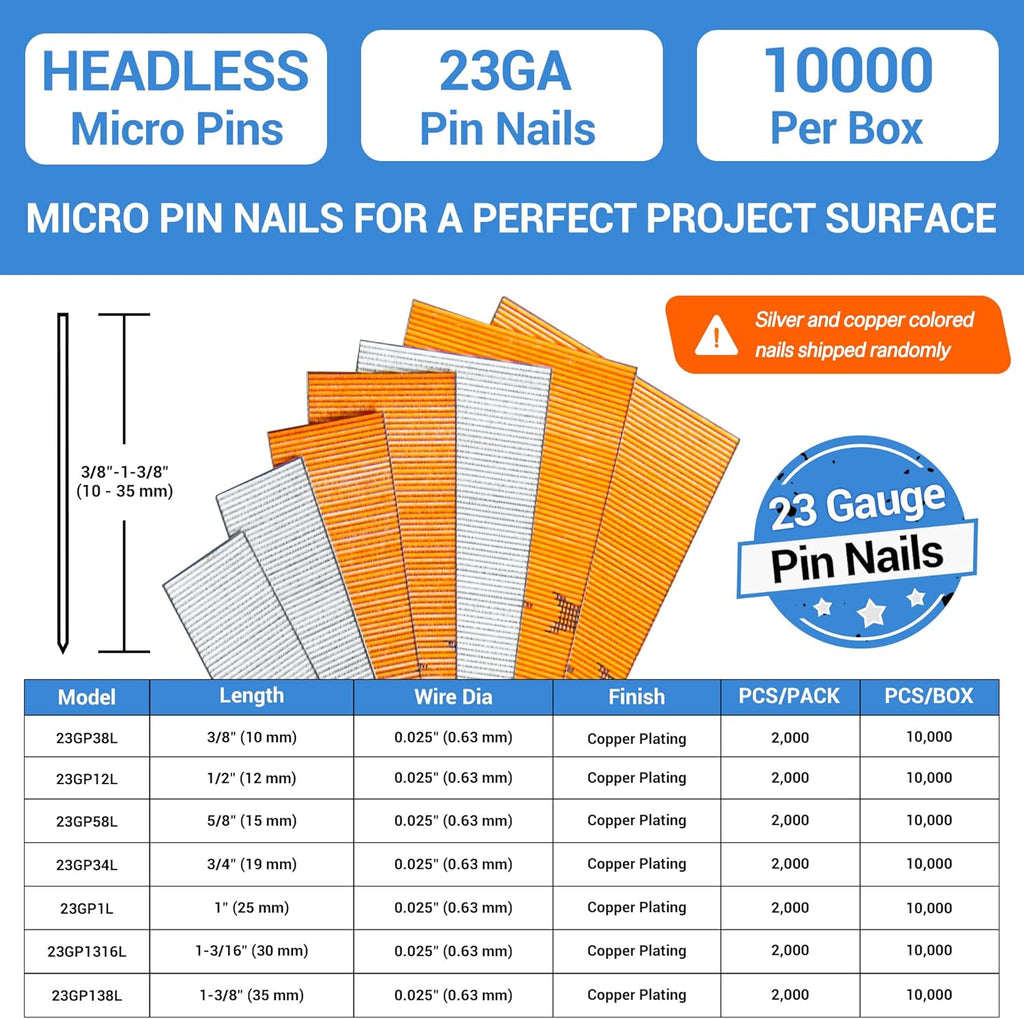 meite 23 Gauge Pin Nails, 1-Inch Micro Headless Piner Nails - Galvanized 23GA Pins Nails for Nail Gun, Ideal for Fine Woodworking and Trim Work (1 Case)
