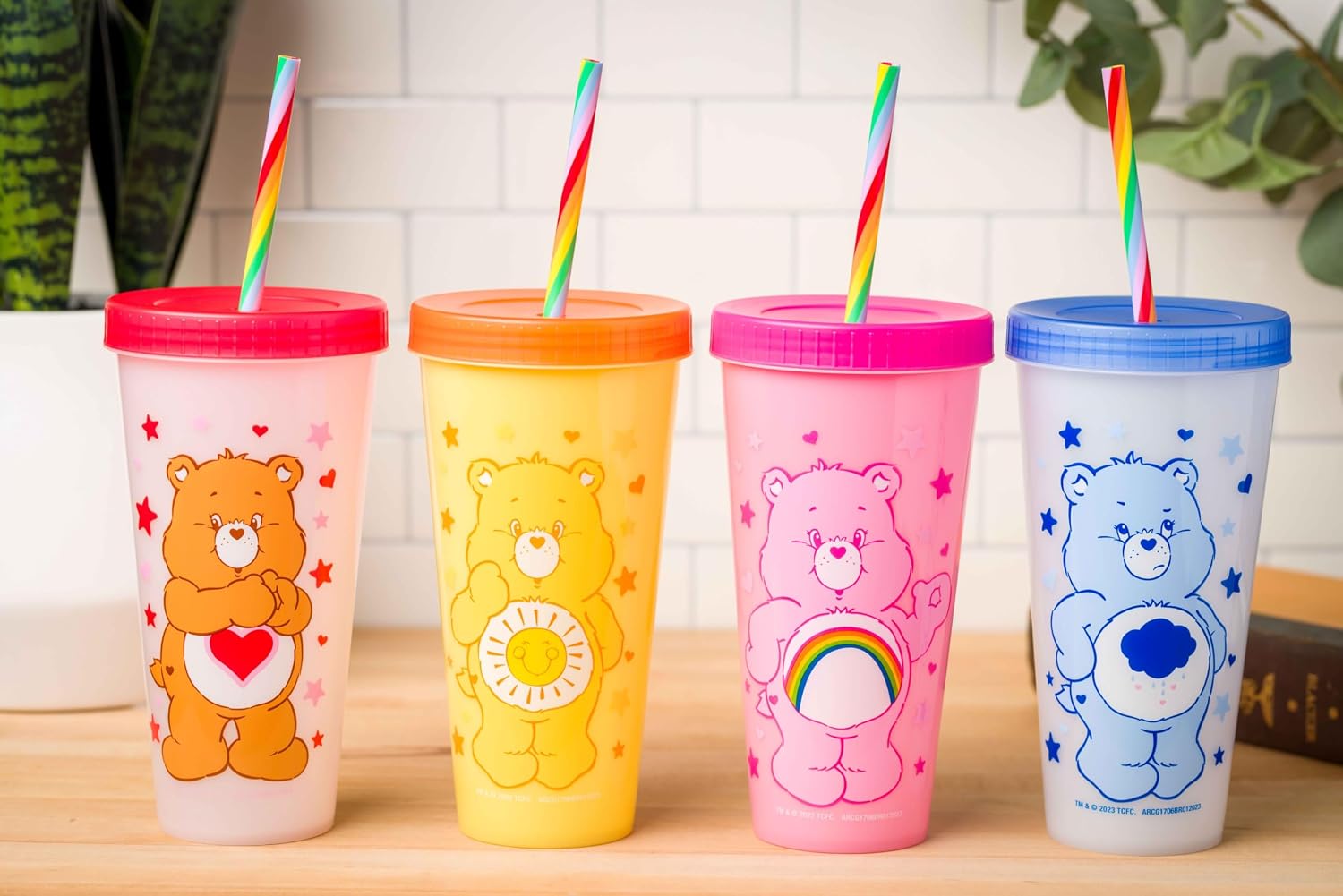 Silver Buffalo Care Bears Hearts and Stars 4 count Plastic Color Changing Tumblers with Rainbow Swirl Straws Featuring Tenderheart, Funshine, Cheer, and Grumpy Bear 24 Ounces (Pack of 12)